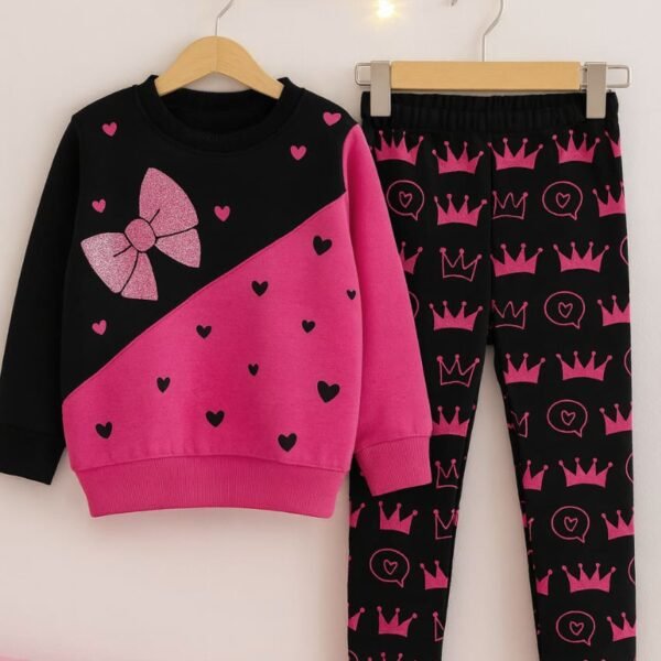 Tracksuit Fleece Pink and Black Bow with Hearts
