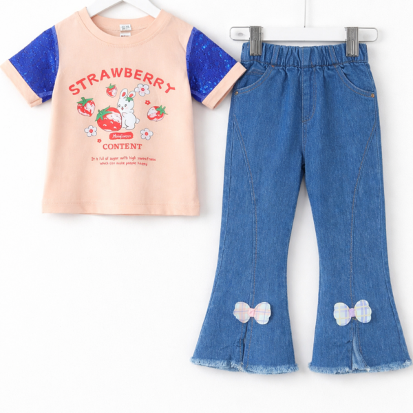Denim Bell Bottom Shirt Bunny with Strawberry Outfit